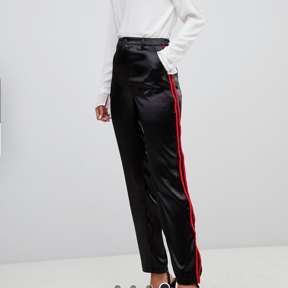 ASOS Black satin pants with red stripes